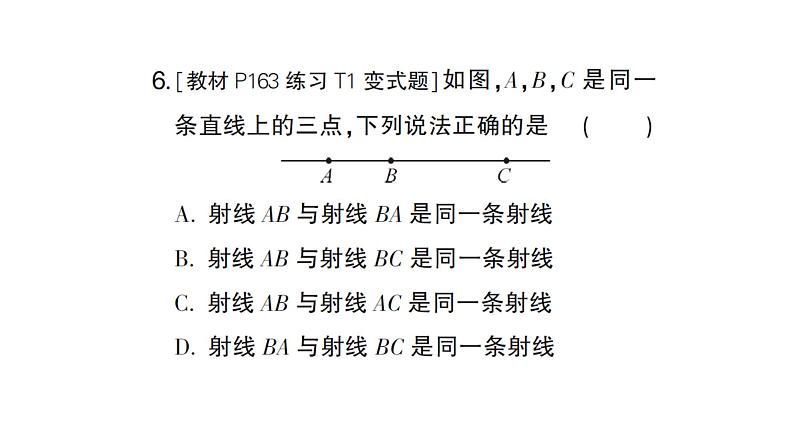 初中数学新人教版七年级上册6.2.1 直线、射线、线段作业课件(2024秋)第6页