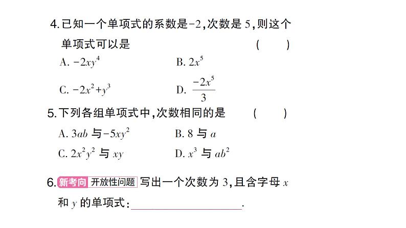 初中数学新人教版七年级上册4.1第1课时 单项式作业课件(2024秋)03
