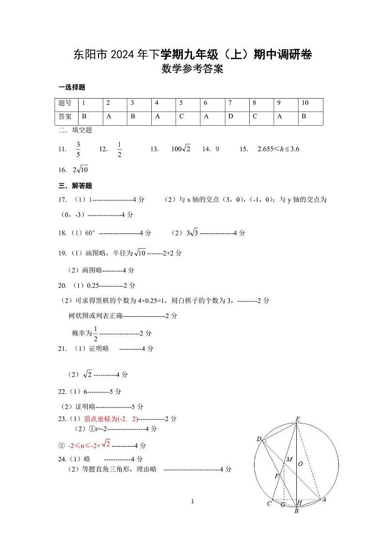 浙江省金华市东阳市2024-2025学年九年级上学期期中调研数学试卷01
