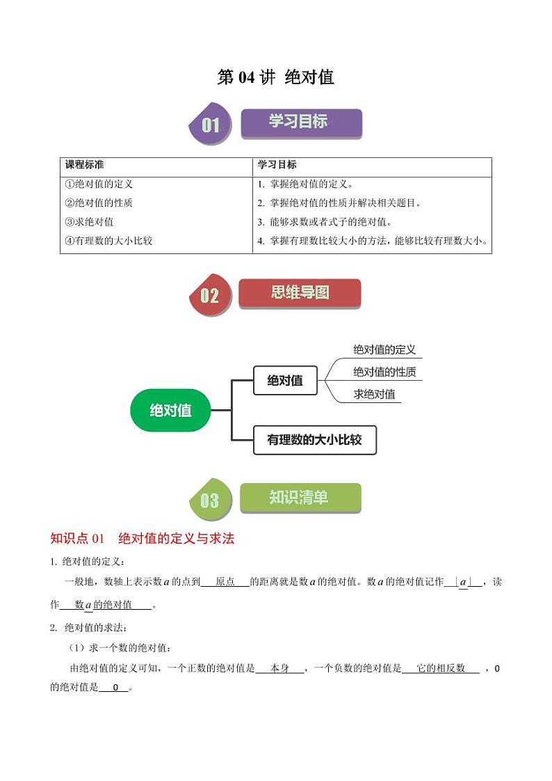 第04讲 绝对值(解析版)-2024-2025学年七年级数学上册同步学与练(人教版)第1页