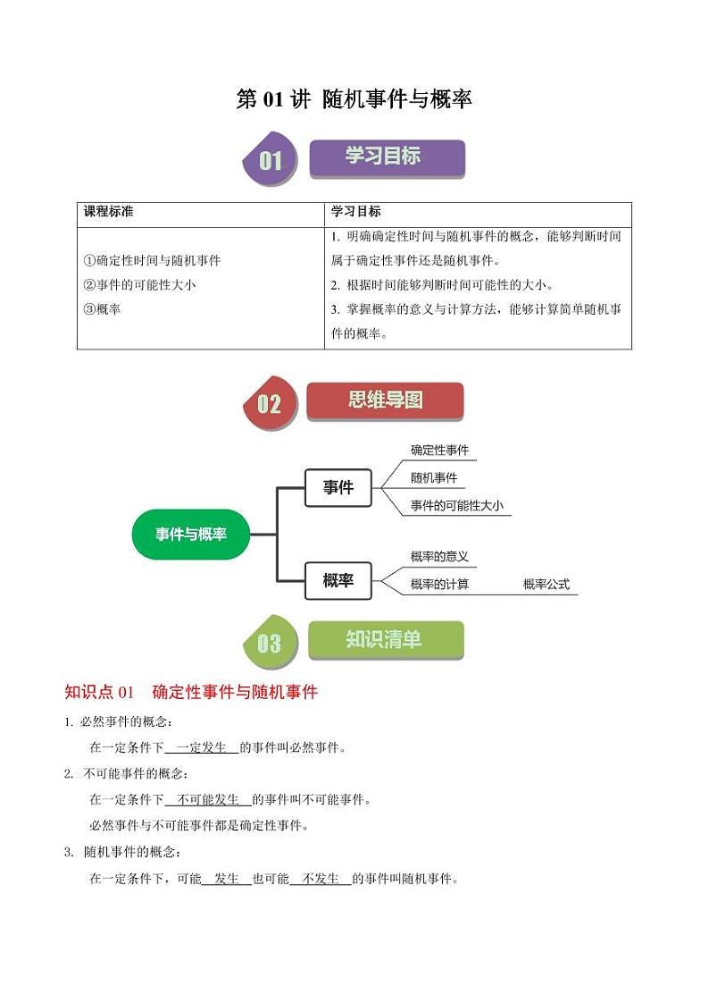 第01讲 随机事件与概率(解析版)-2024-2025学年九年级数学上册同步学与练(人教版)第1页