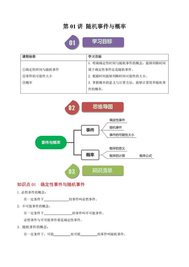 第01讲 随机事件与概率(原卷版)-2024-2025学年九年级数学上册同步学与练(人教版)第1页