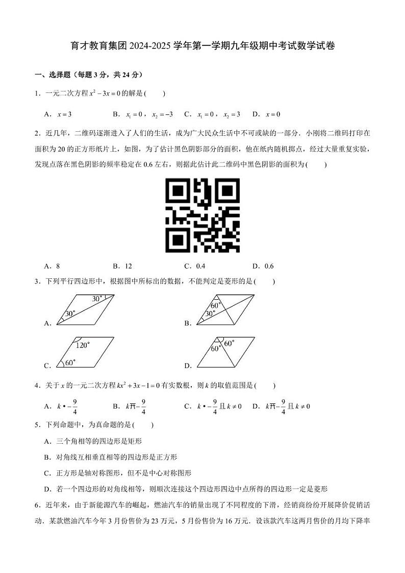 广东省深圳市南山区育才教育集团2024-2025学年上学期九年级期中考试数学试题01