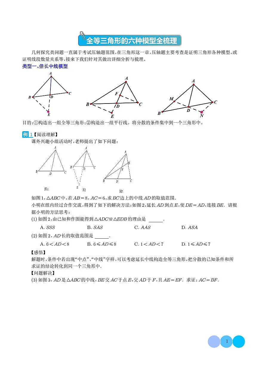 全等三角形的六种模型全梳理(学生版)第1页