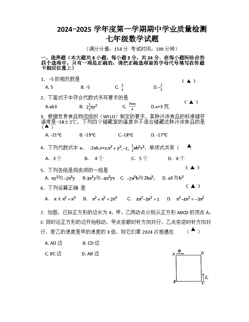 江苏省连云港市灌南县2024-2025学年度上学期期中考试七年级数学试题第1页