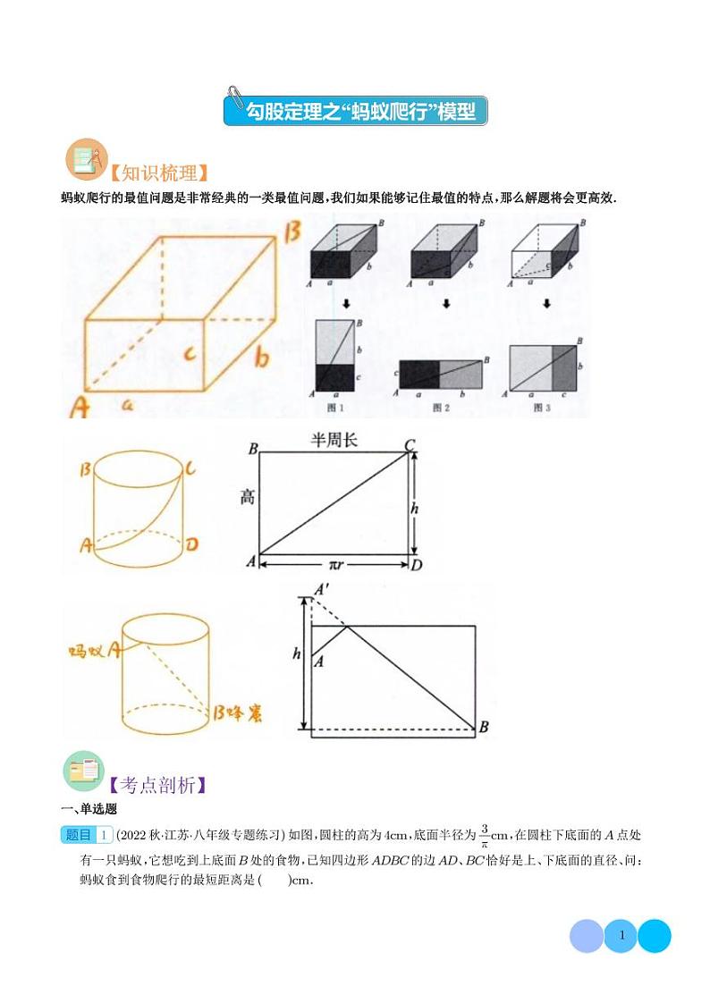 勾股定理之“蚂蚁爬行”模型 (学生版)第1页