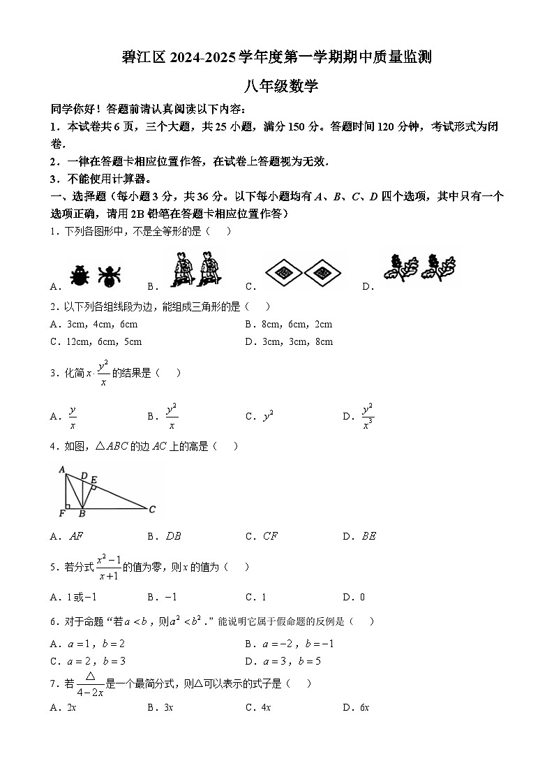 贵州省铜仁市碧江区2024-2025学年八年级上学期11月期中数学试题第1页