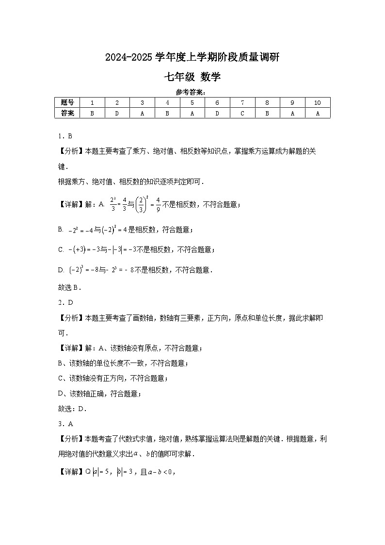 2024-2025学年度上学期初中数学七年级阶段调研答案第1页