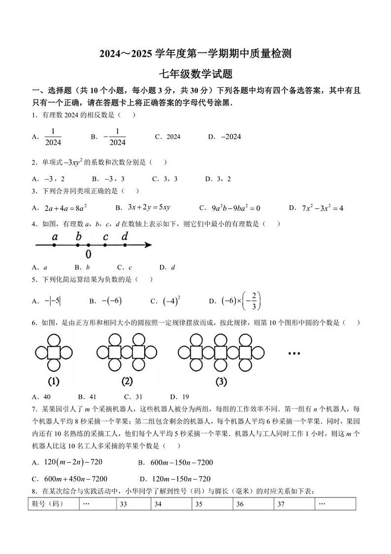 湖北省武汉市硚口区(经开)区2024~2025学年七年级(上)期中数学试卷(含答案)01
