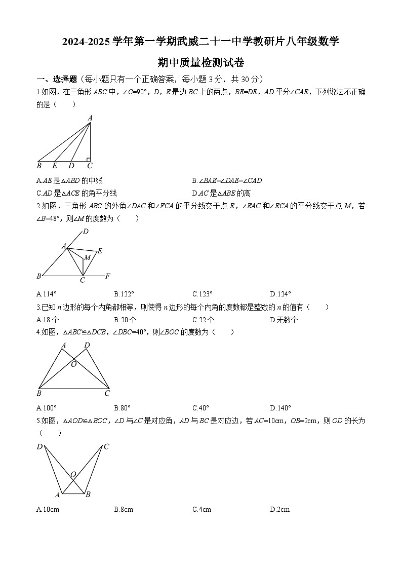 甘肃省武威二十一中学教研片2024-2025学年八年级上学期期中质量检测数学试卷第1页