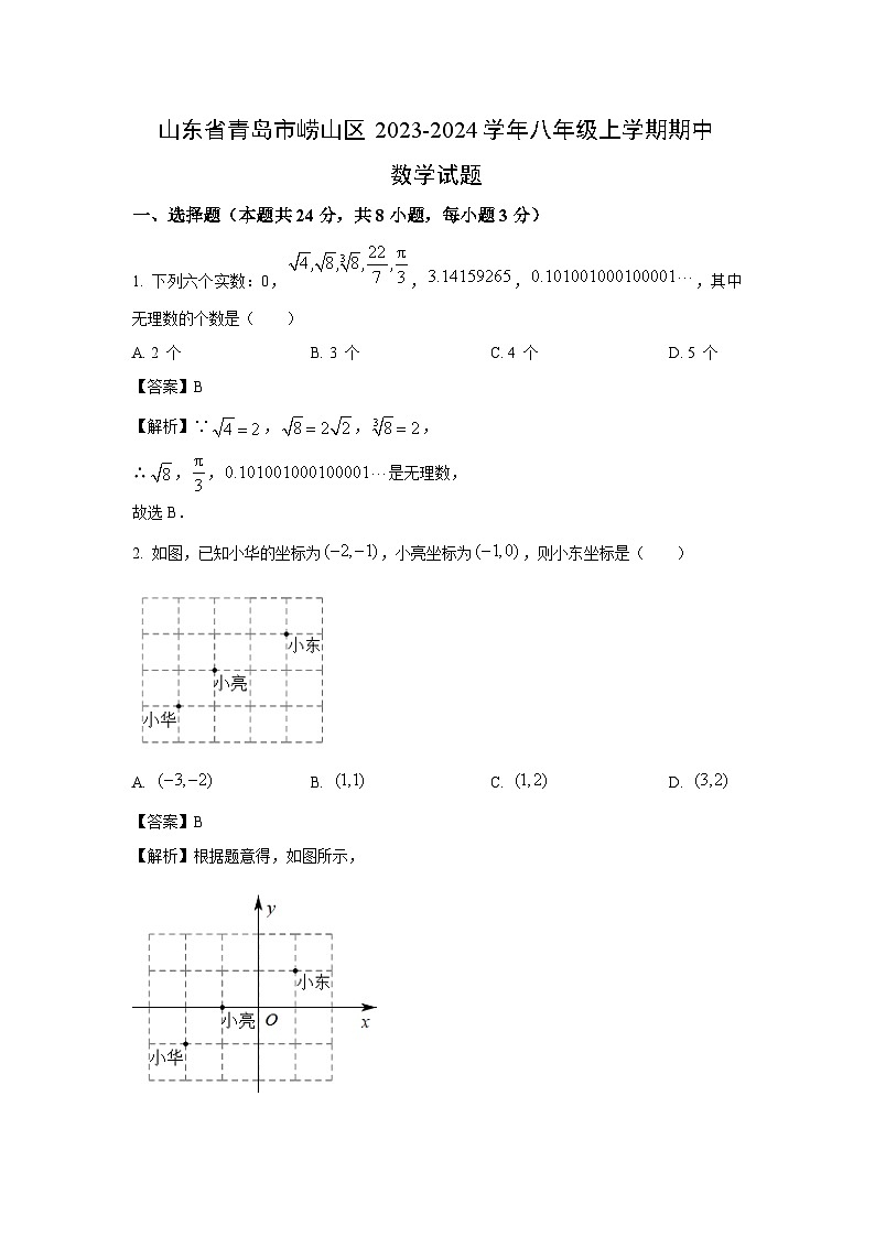 2023-2024学年山东省青岛市崂山区八年级(上)期中数学试卷(解析版)01