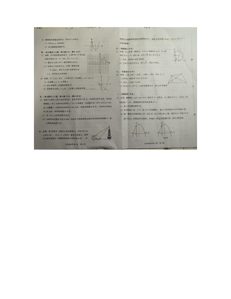 2023-2024学年安徽省阜阳市临泉县九年级(上)期末数学试卷第2页