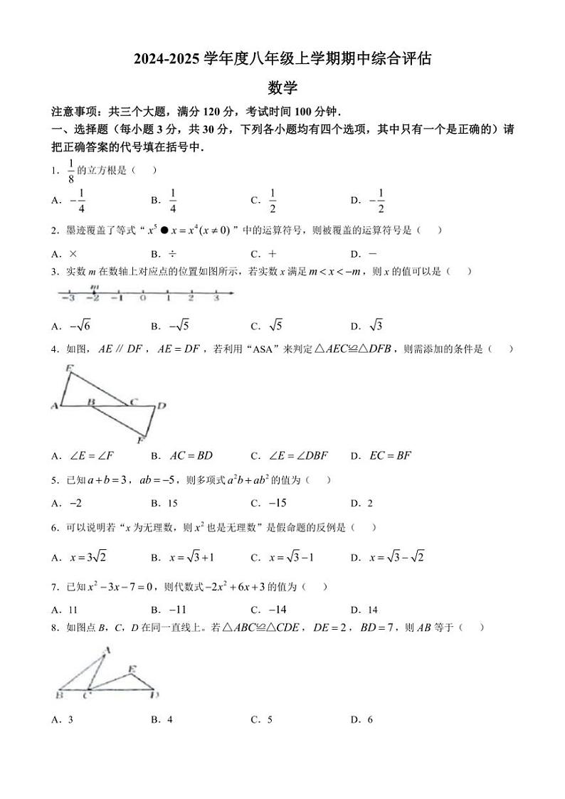 2024~2025学年河南省周口市商水县八年级(上)期中数学试卷(含答案)01