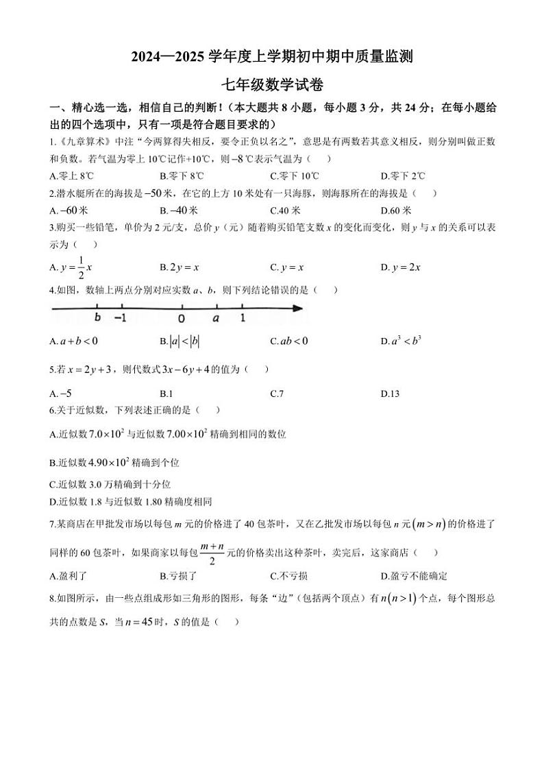 2024~2025学年湖北省孝感市孝昌县七年级(上)期中数学试卷(含答案)第1页