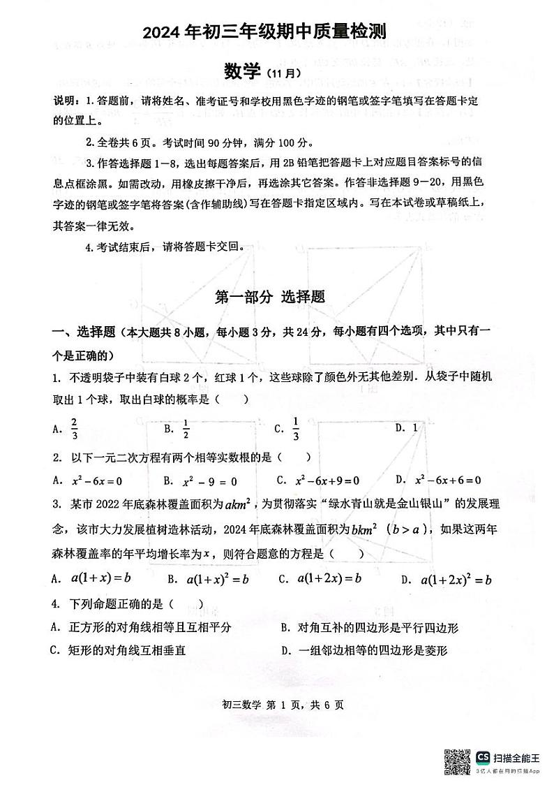 广东省深圳市罗湖区2024-2025学年九年级上学期11月期中考试数学试题第1页