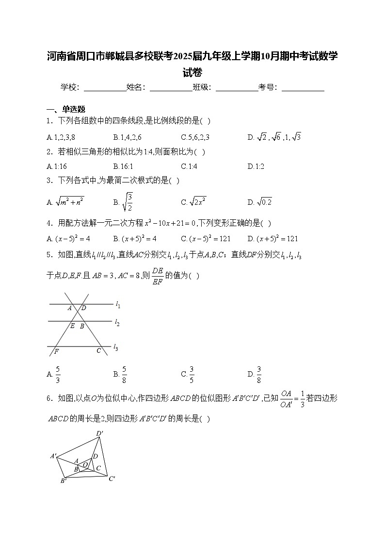 河南省周口市郸城县多校联考2025届九年级上学期10月期中考试数学试卷(含答案)第1页