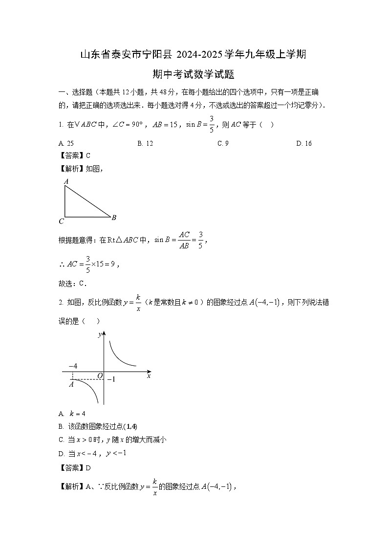 2024-2025学年山东省泰安市宁阳县九年级(上)期中数学试卷(解析版)第1页