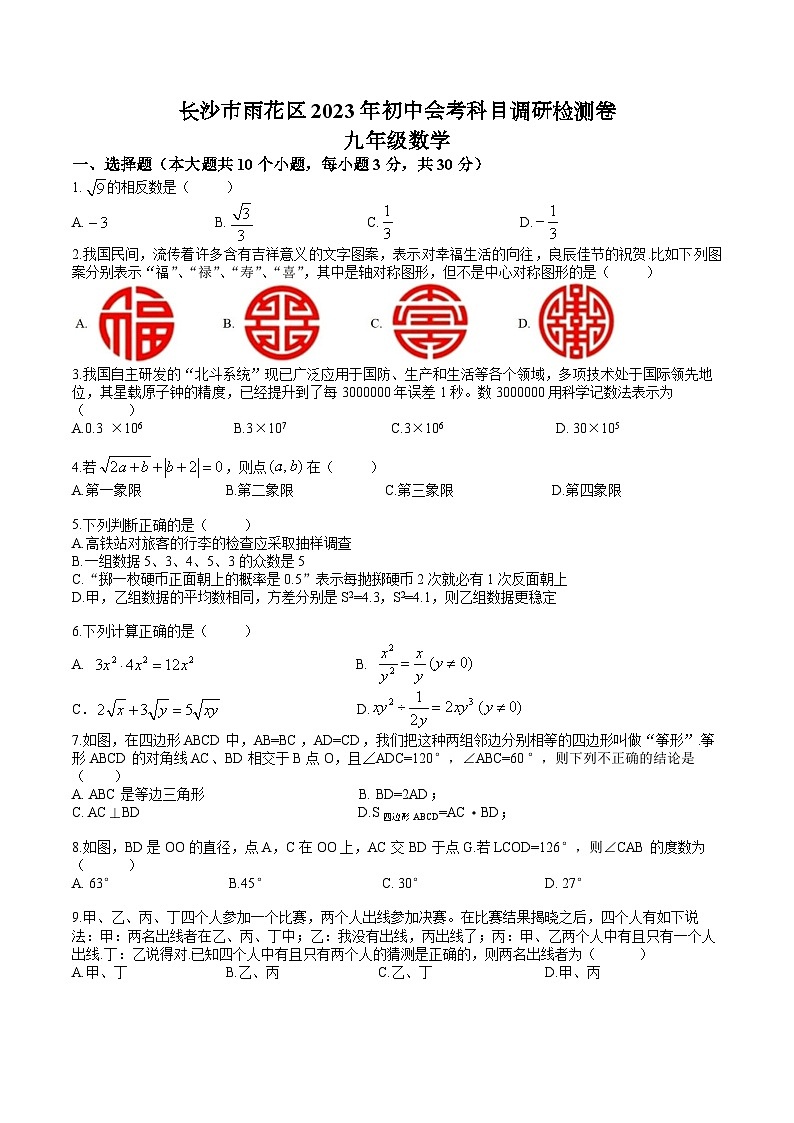 长沙市雨花区2022-2023-2 初中会考科目调研检测数学试卷第1页