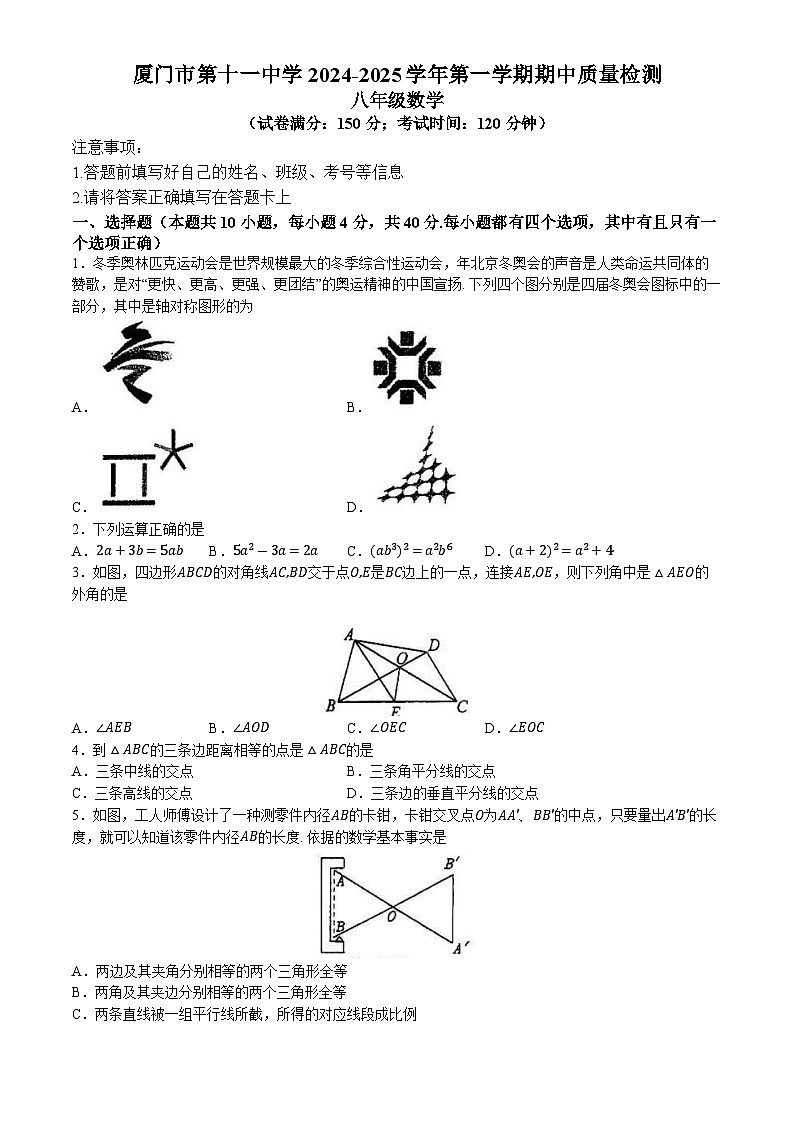 福建省厦门第十一中学2024-2025学年上学期八年级数学期中质量检测卷(无答案)第1页