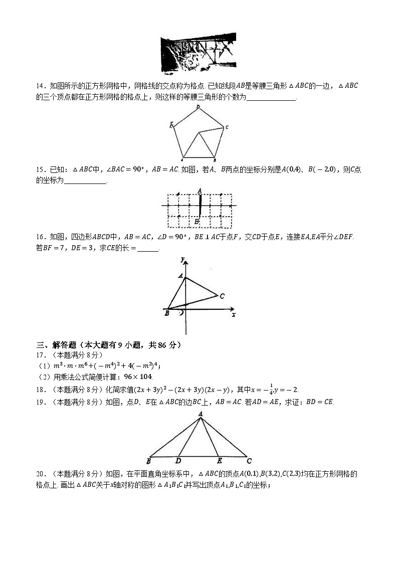 福建省厦门第十一中学2024-2025学年上学期八年级数学期中质量检测卷(无答案)第3页