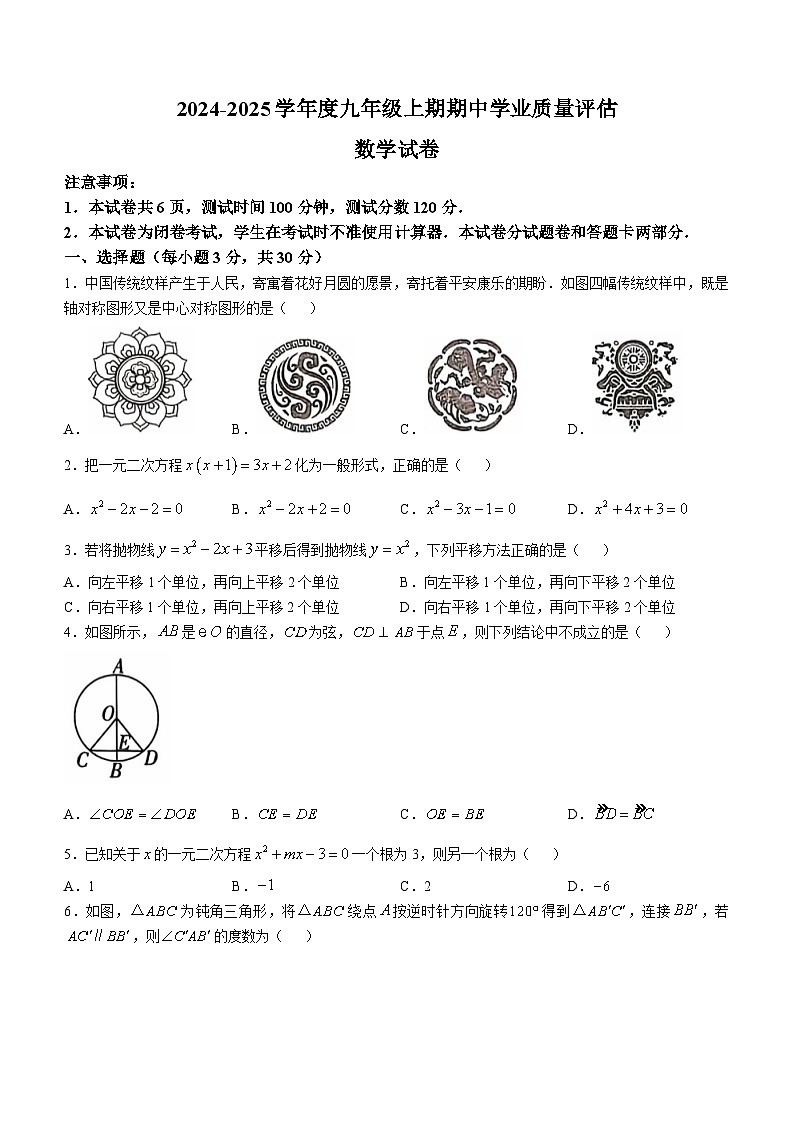 河南省漯河市召陵区2024-2025学年九年级上学期期中数学试题第1页