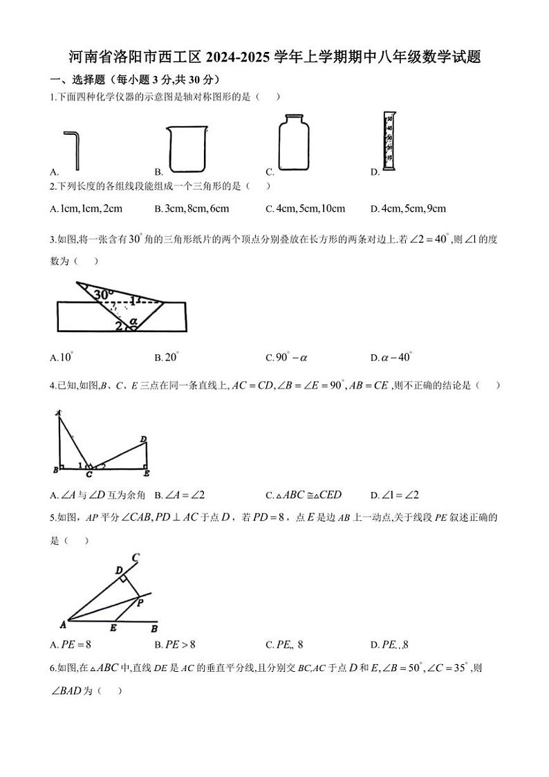 河南省洛阳市西工区2024~2025学年八年级(上)期中数学试卷(含答案)第1页