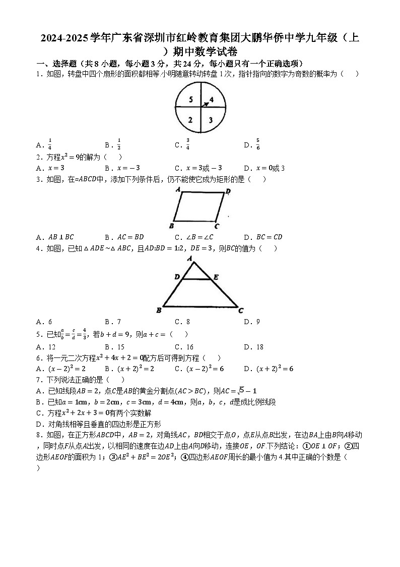 广东省深圳市红岭教育集团大鹏华侨中学2024-2025学年九年级上学期期中考试数学试卷(无答案)第1页