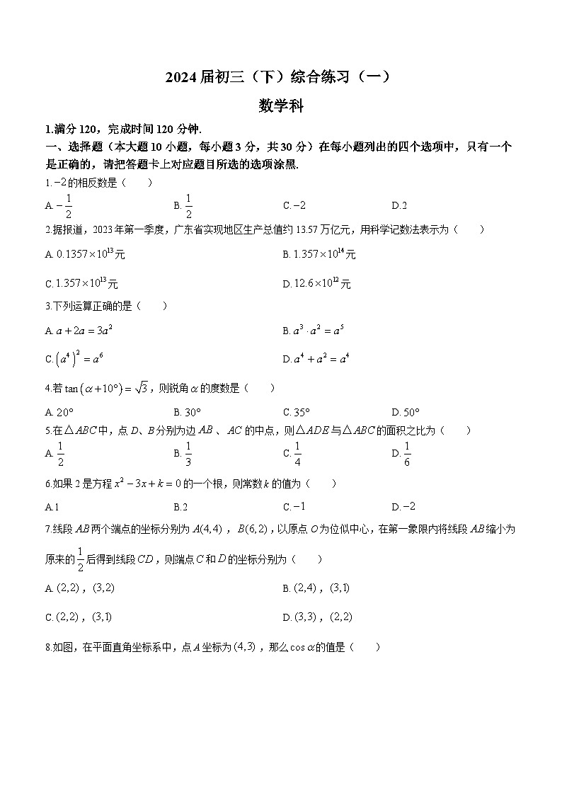 广东省江门市新会区新会葵城中学2023-2024学年九年级下学期月考数学试题(无答案)第1页