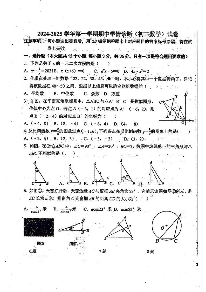 河北省石家庄市第三十八中学2024-2025学年上学期期中考试九年级数学试题第1页