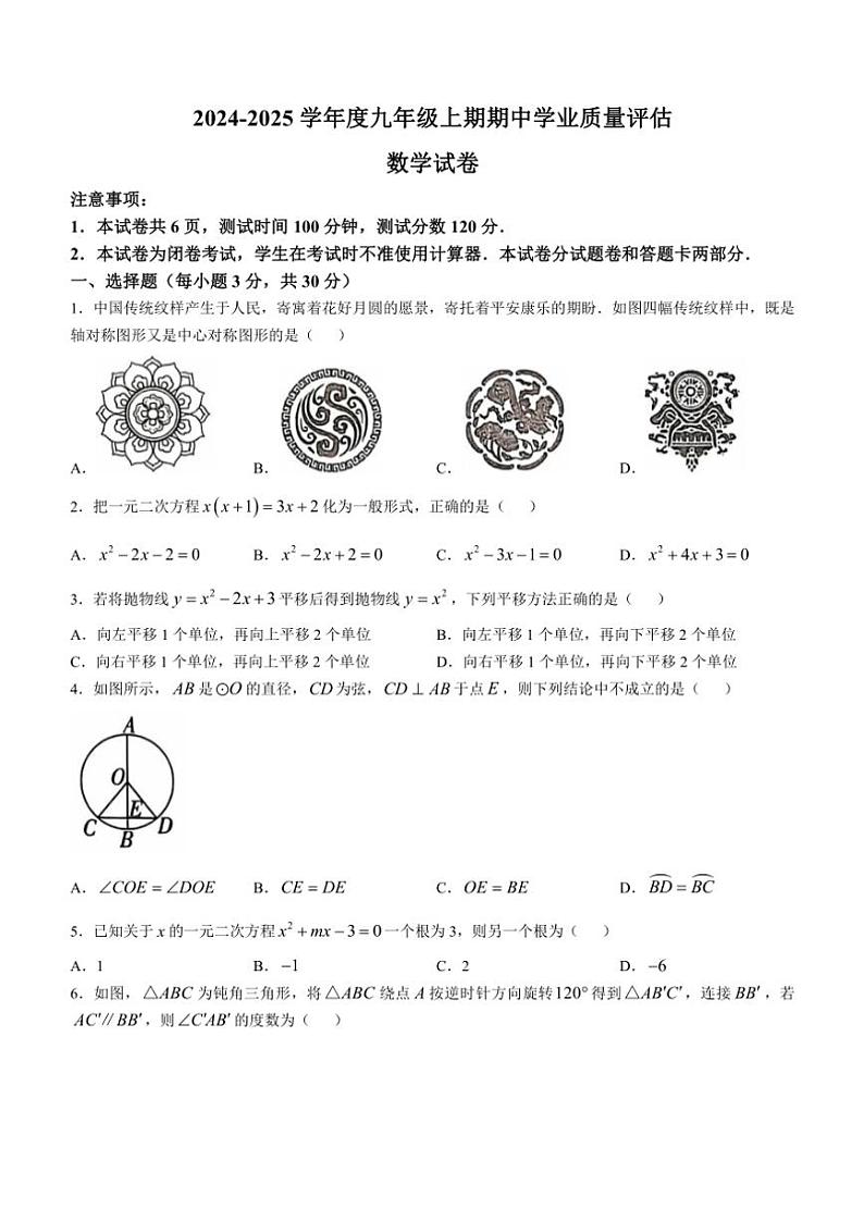 河南省漯河市召陵区2024~2025学年九年级(上)期中数学试卷(含答案)第1页