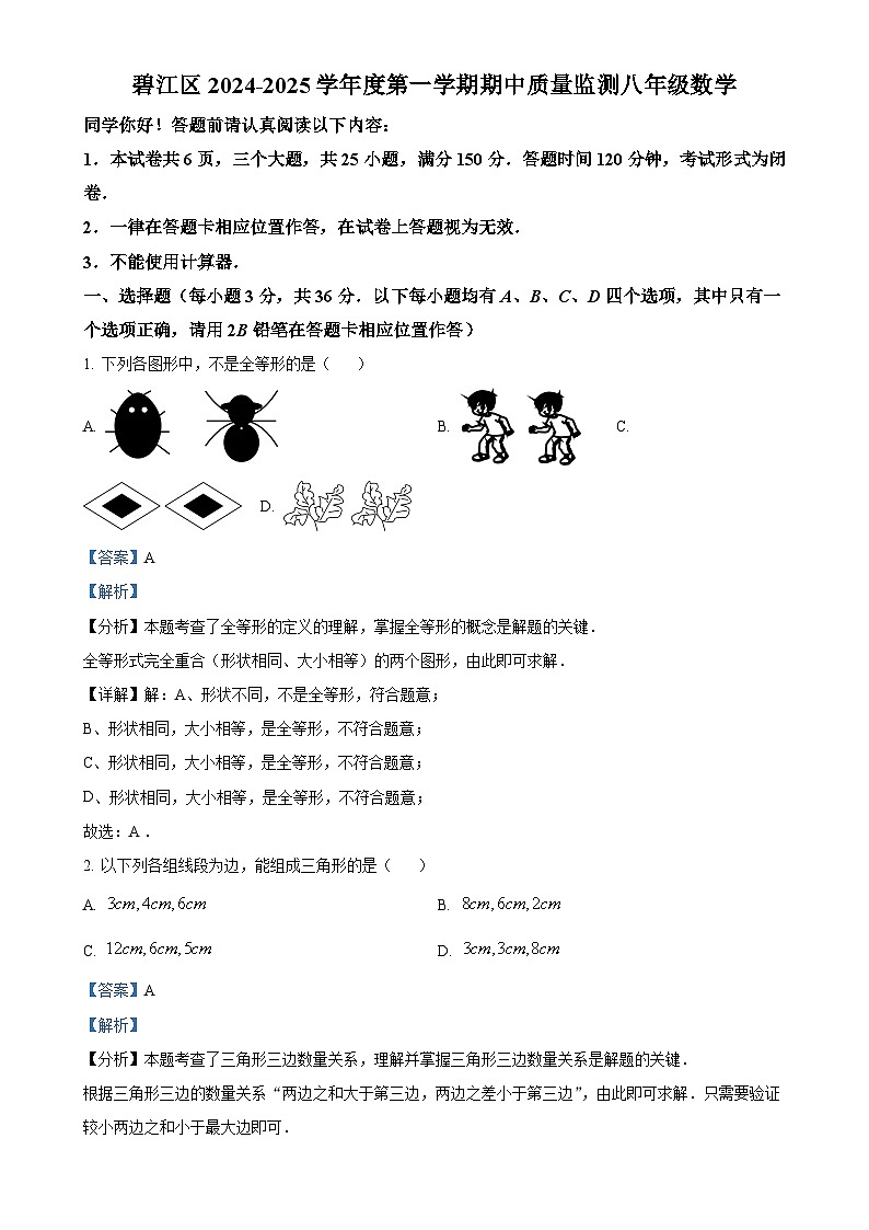 贵州省铜仁市碧江区2024-2025学年八年级上学期11月期中数学试题(解析版)-A4第1页
