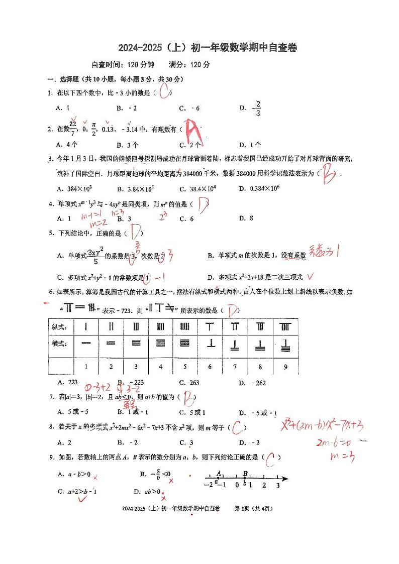 广东省东莞市厚街海月学校2024-2025学年七年级上学期期中考试数学试卷答案第1页