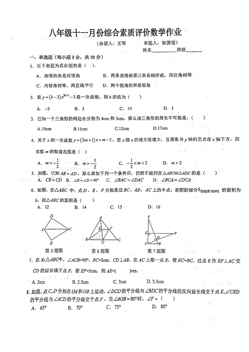 安徽省舒城第二中学2024-2025学年八年级上学期11月期中考试数学试题第1页