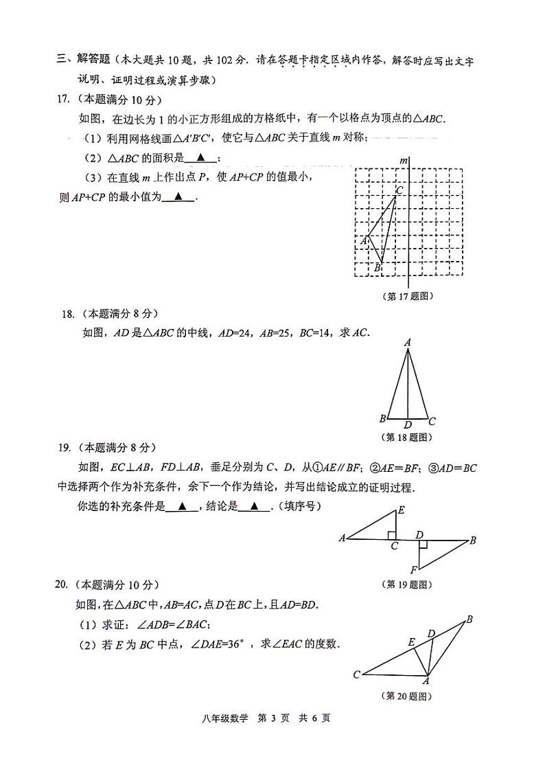 江苏省泰州市姜堰区2024-2025学年八年级上学期11月期中数学试题第3页