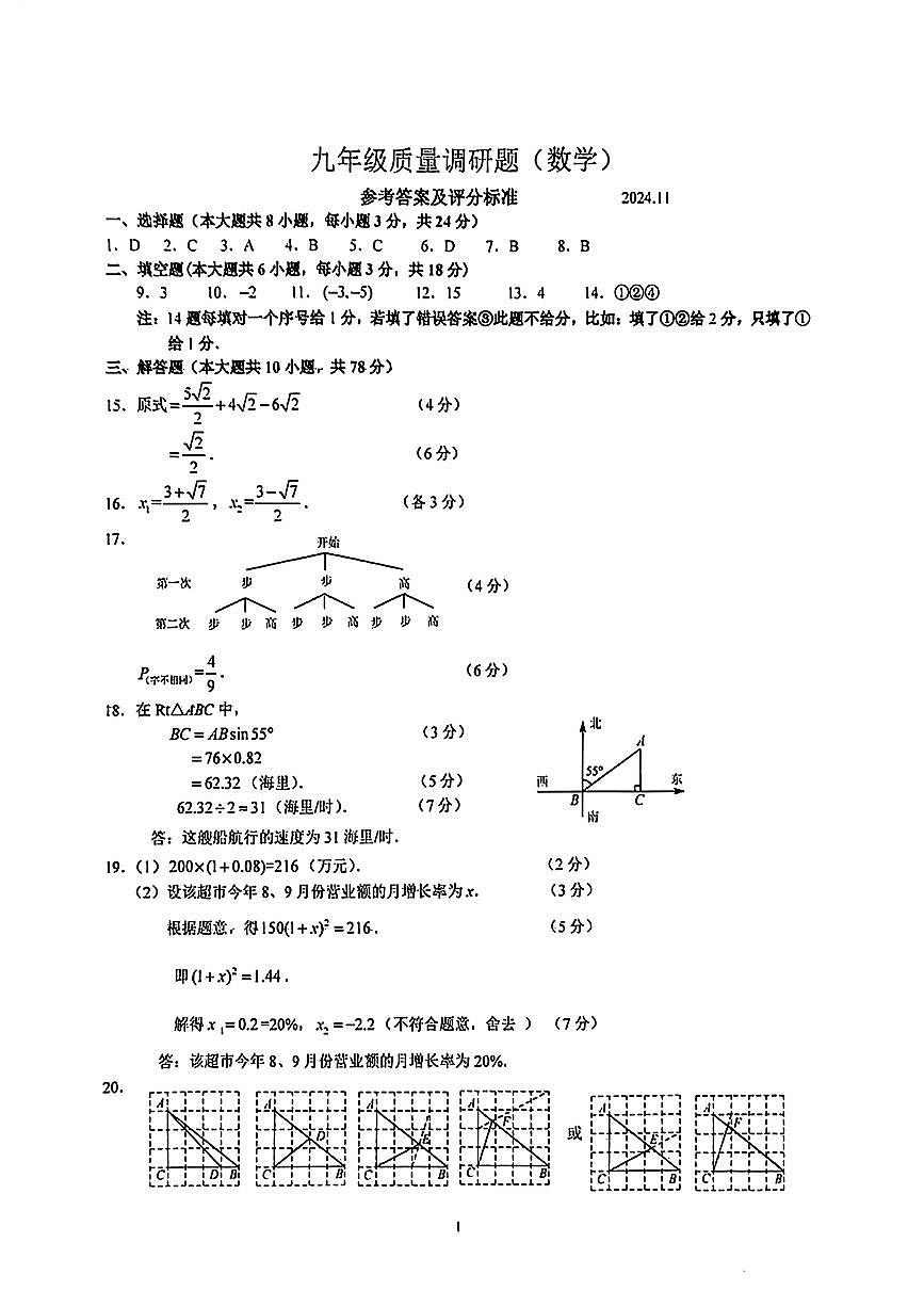 長春南關(guān)區(qū)2024年九年級11月聯(lián)賽質(zhì)量調(diào)研數(shù)學(xué)答案第1頁