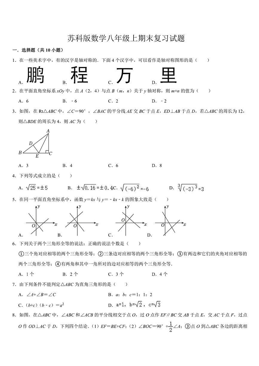 2024～2025學(xué)年蘇科版數(shù)學(xué)八年級(jí)上期末復(fù)習(xí)試卷(含答案)第1頁(yè)