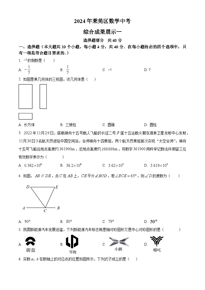 2024年山东省济南市莱芜区数学模拟预测题(原卷版)第1页