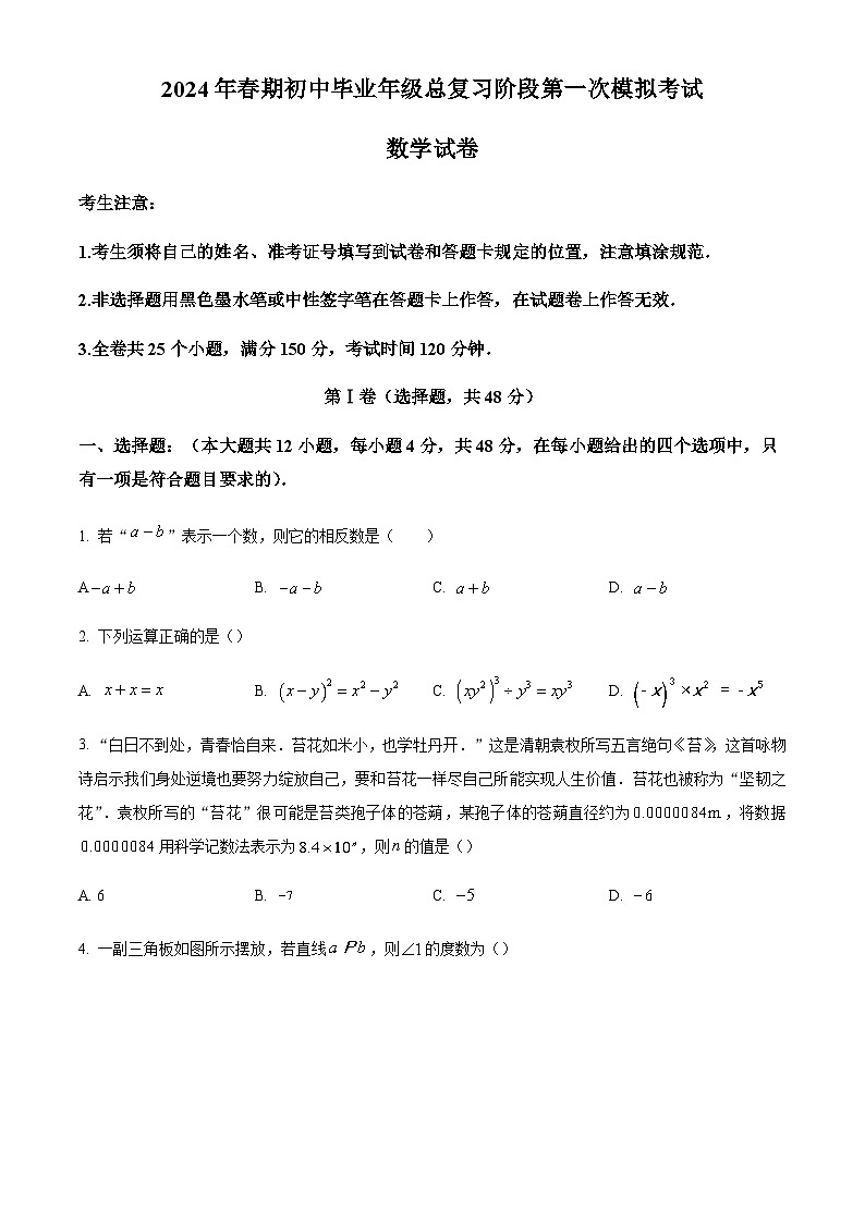 2024年四川省德阳市旌阳区中考一模数学模拟试题(原卷版)第1页