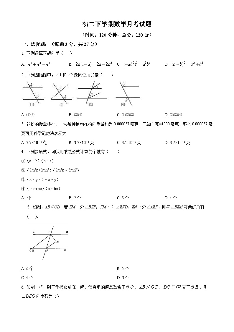 黑龙江省大庆市肇源县五校联考2023-2024学年七年级下学期月考数学试题