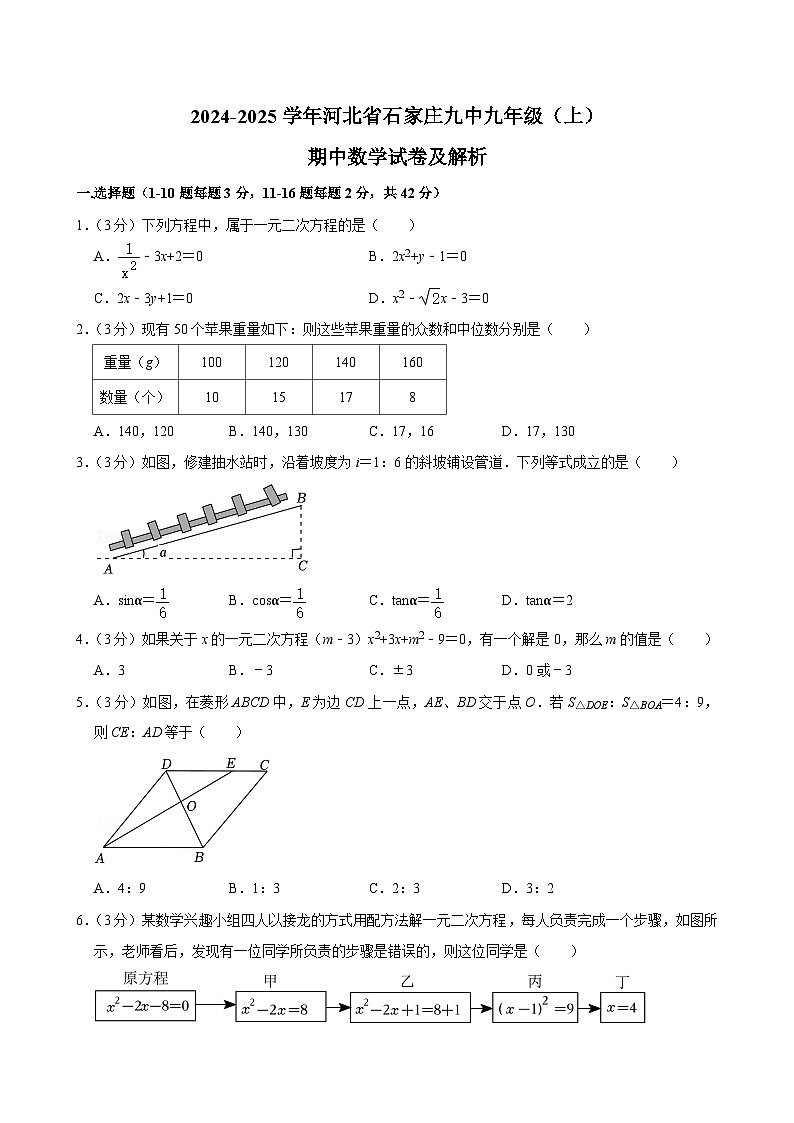 河北省石家庄市第九中学2024-2025学年九年级上学期期中数学试题第1页