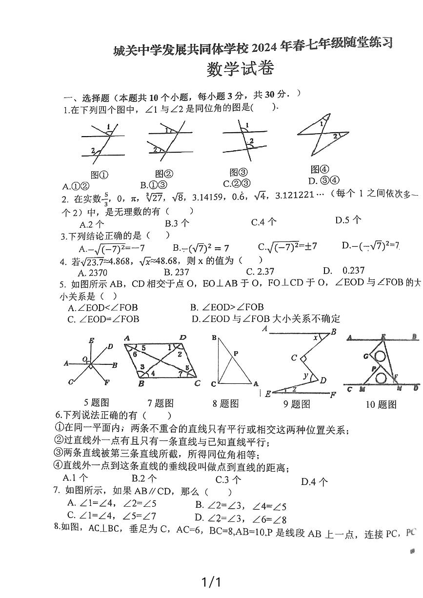 四川省广安市岳池县城关中学2023--2024学年下学期七年级随堂练习数学试卷