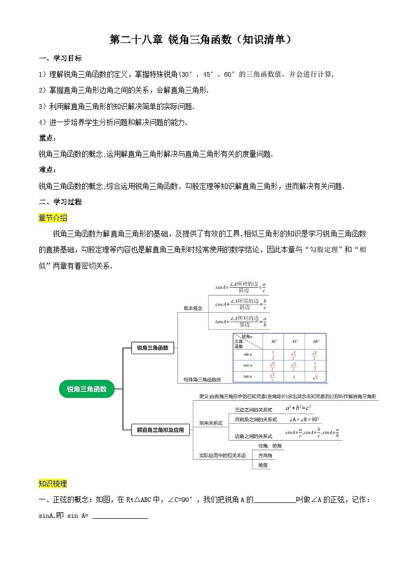 第二十八章 锐角三角函数(知识清单)【原卷版】-九年级数学下册同步备课系列(人教版)-A4第1页