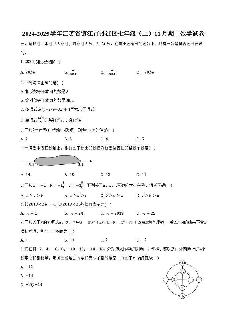 2024-2025学年江苏省镇江市丹徒区七年级(上)11月期中数学试卷(含答案)第1页
