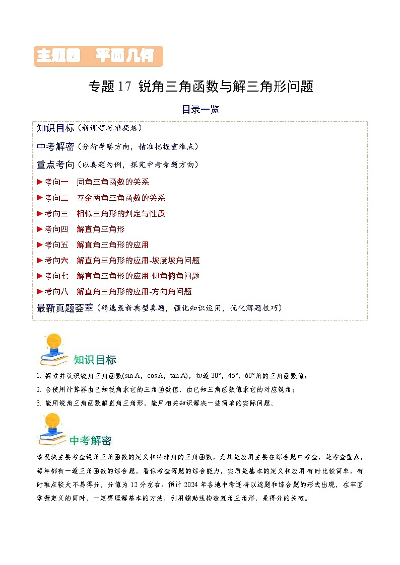 中考数学一轮复习重点考向练习专题17 锐角三角函数与解三角形问题(原卷版)第1页
