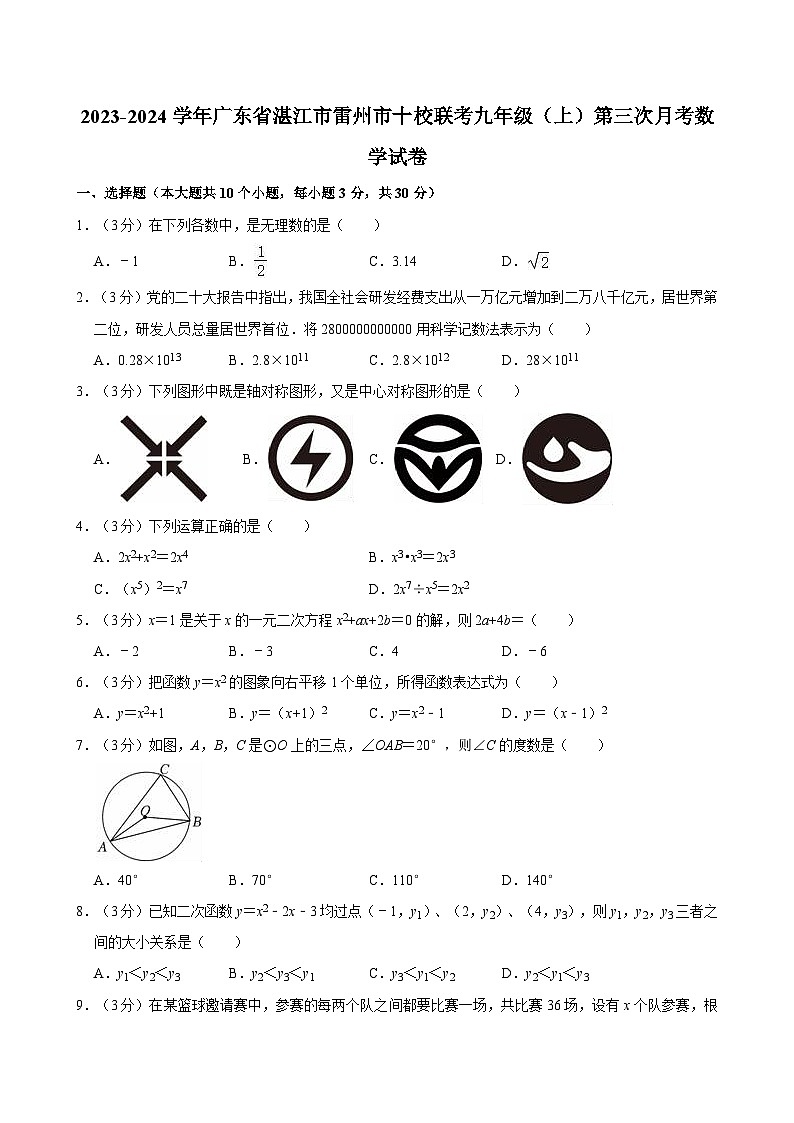 广东省湛江市雷州市十校联考2024届九年级上学期第三次月考数学试卷(含答案)第1页