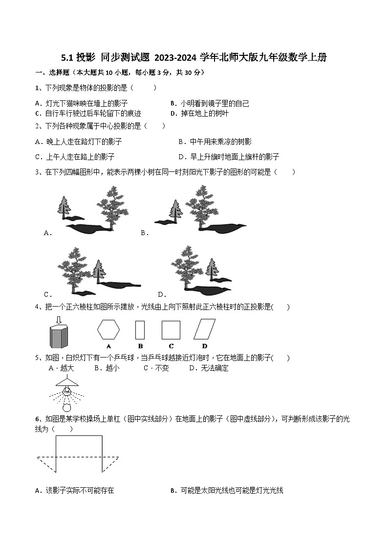 5.1投影 同步测试题 北师大版九年级数学上册第1页