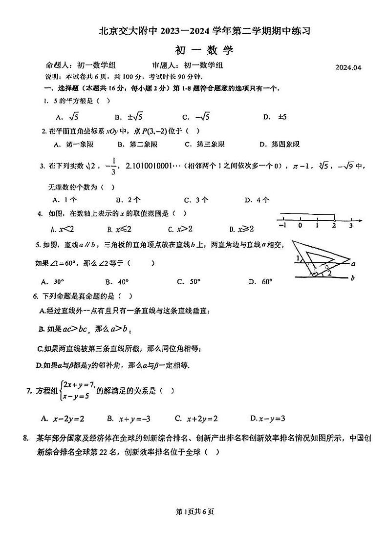 北京交大附中2023~2024学年第二学期初一期中数学试卷第1页