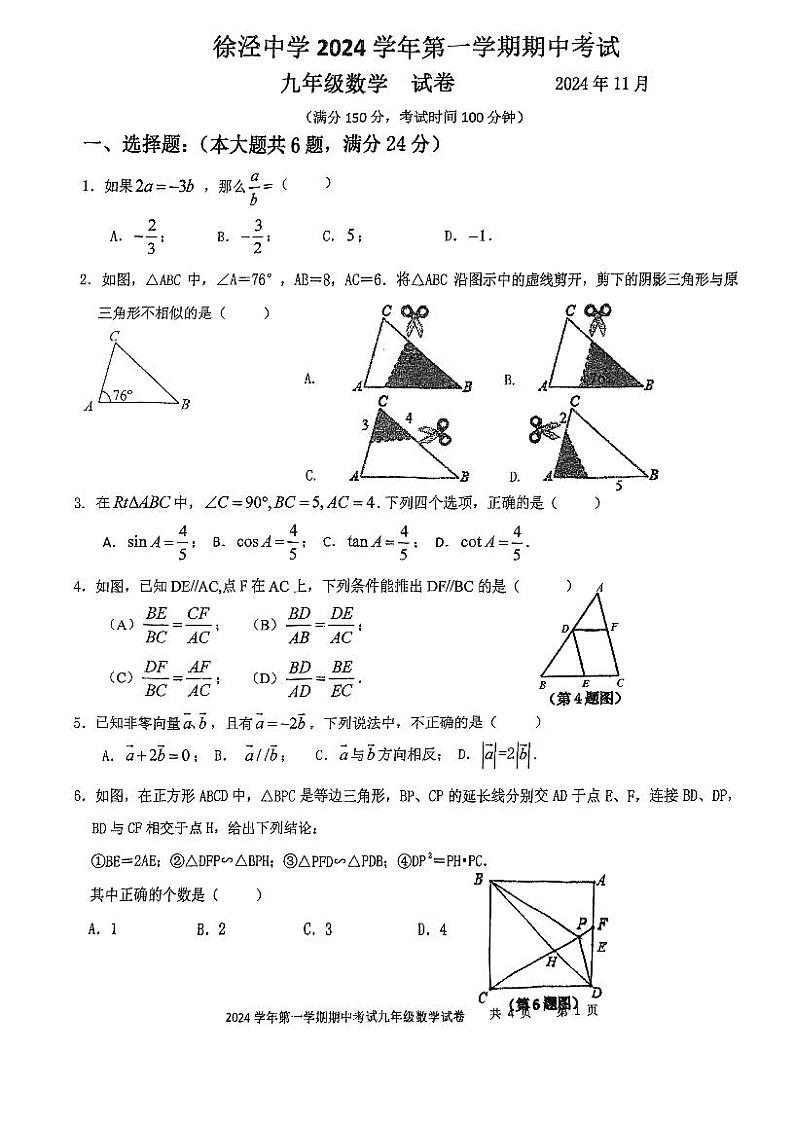 上海市青浦区徐泾中学2024--2025学年九年级上学期期中考试数学试卷第1页