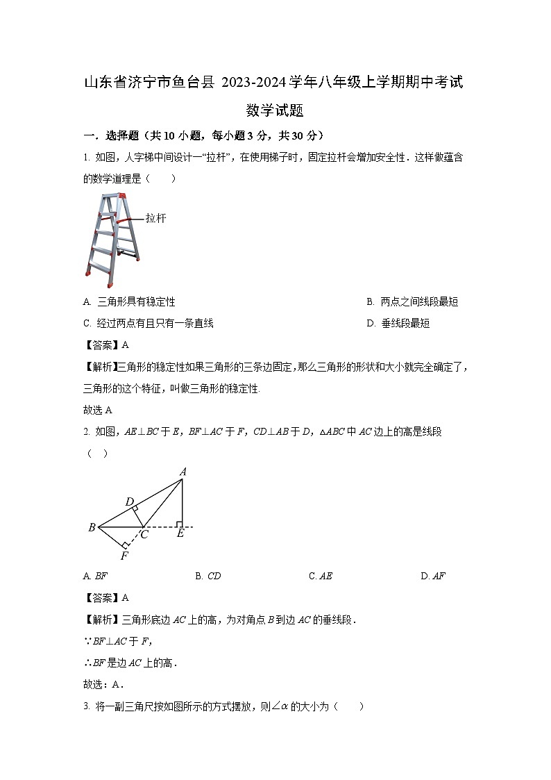 2023~2024学年山东省济宁市鱼台县八年级(上)期中考试数学试卷(解析版)第1页
