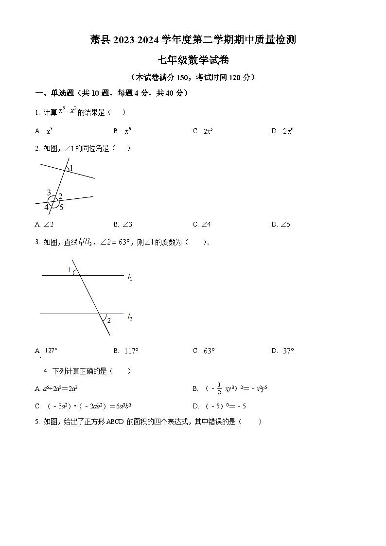 安徽省宿州市萧县2023-2024学年七年级下学期期中数学试题(原卷版)第1页